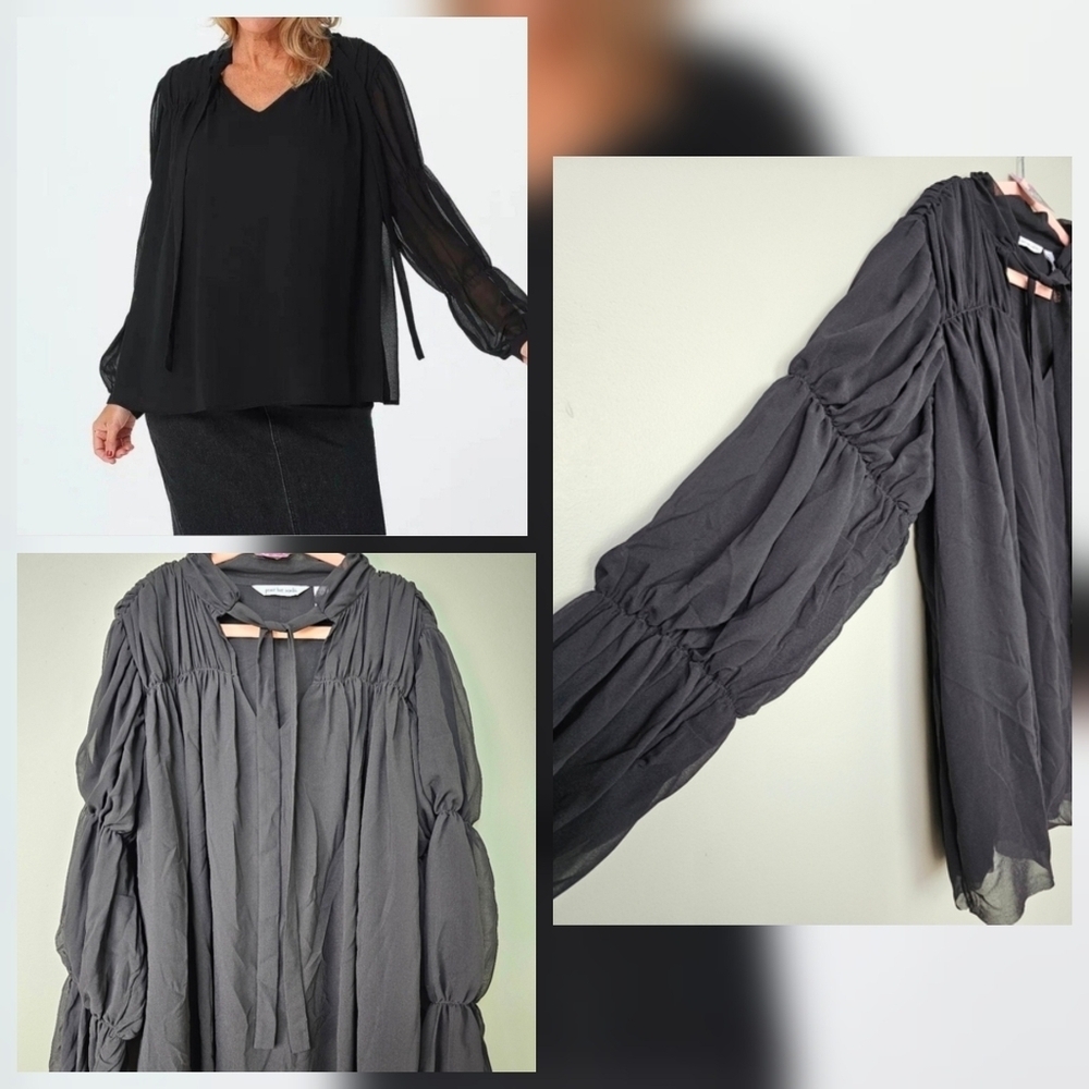 Peace Love World Woven Romantic Chiffon Blouse with Neck Tie, Black Sheer, 8